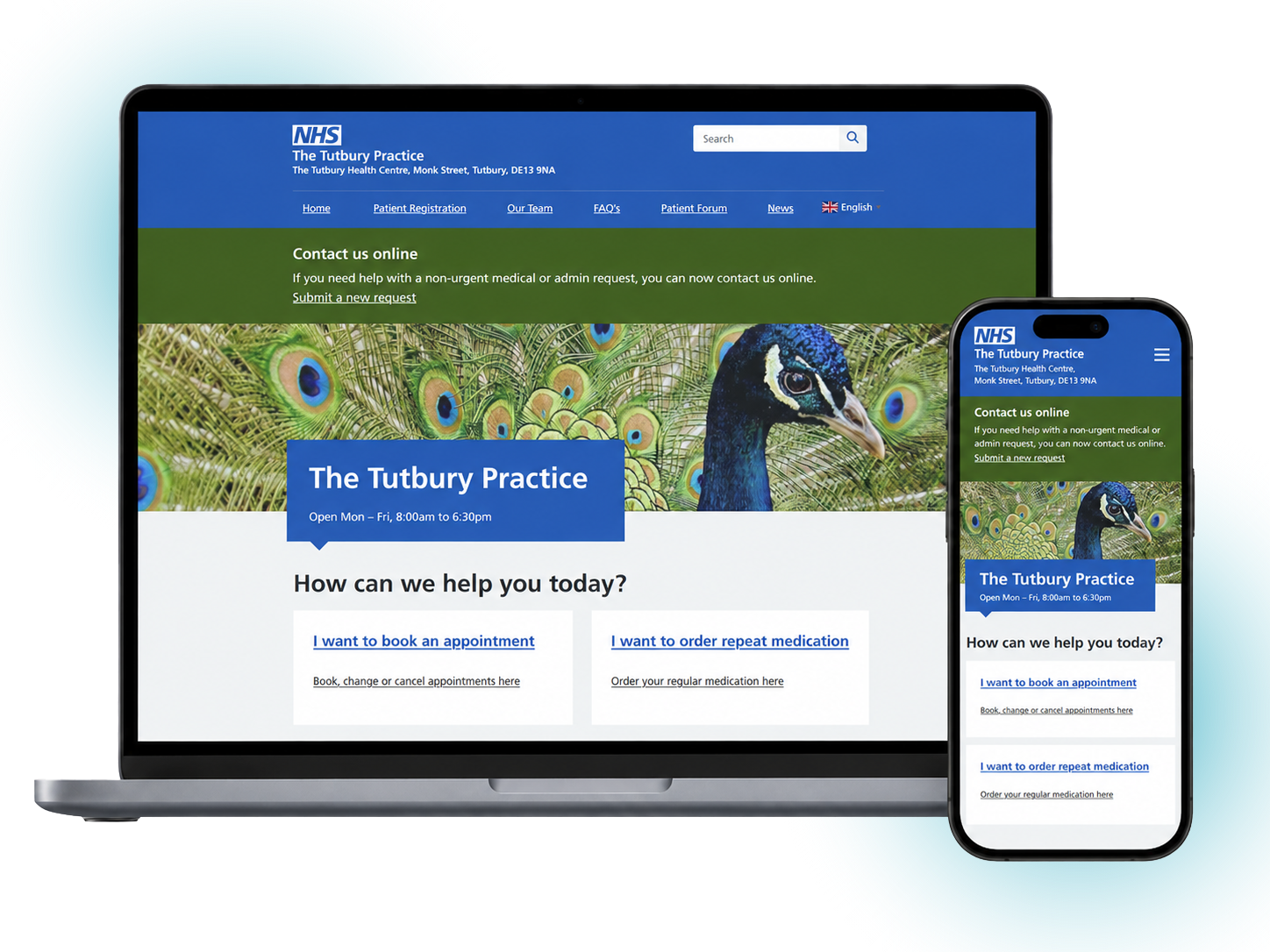 Simpliy Primary Care website for The Tutbury Practice shown on laptop and mobile